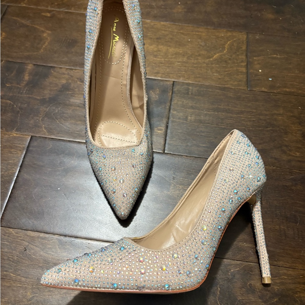Anne Michelle Nude Crystal-Embellished Pointed-Toe Stilettos